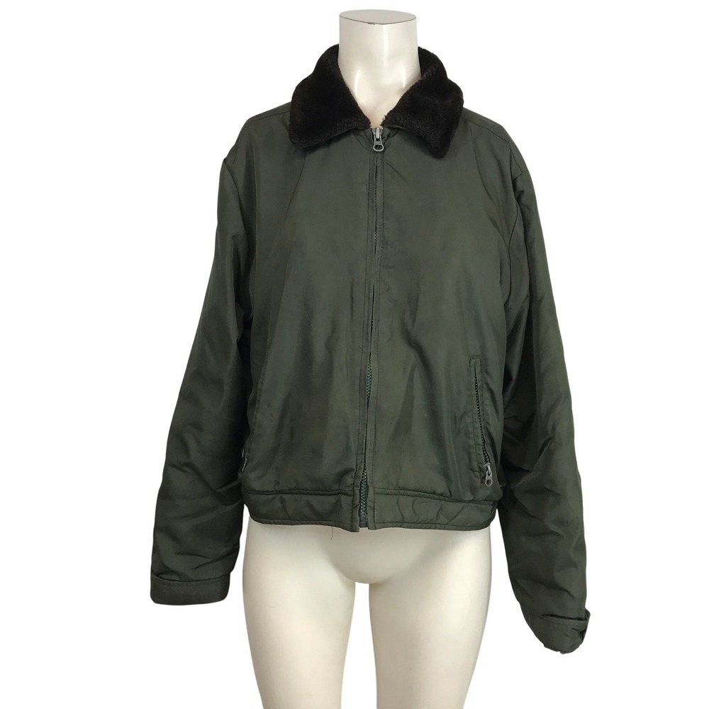 Abercrombie Fitch Bomber Jacket Olive Green Faux Fur Collar Utility Military Med
